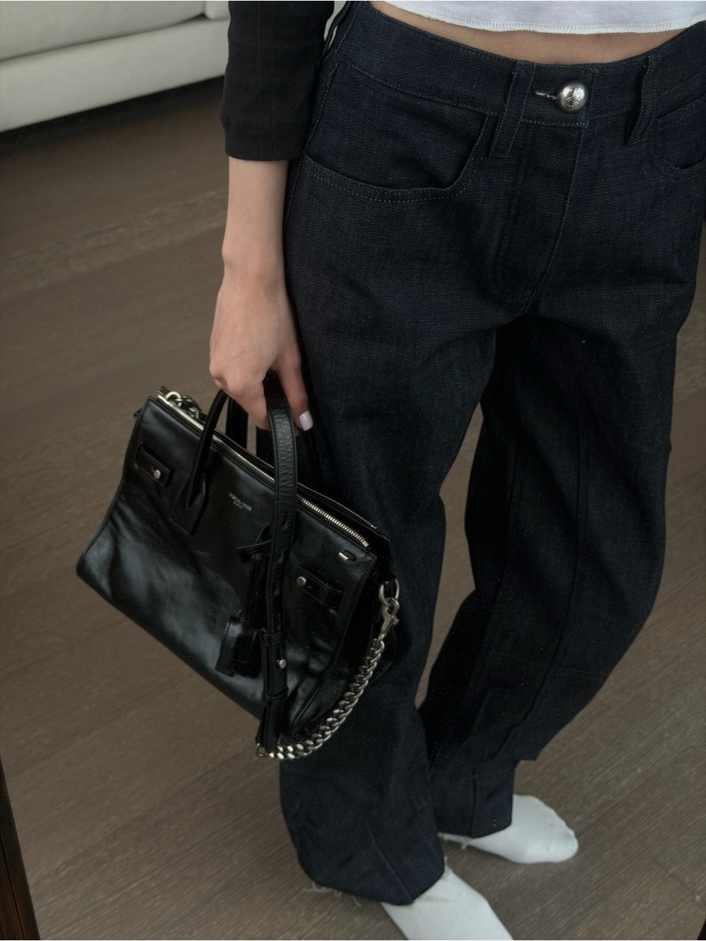 Saint Laurent YSL Black Glossy Calfskin Top Handle Chain Bag